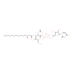ChemSpider 2D Image | (2R,4R,5S)-3-Acetamido-2-{[{[{[(2R,4S,5R)-5-(2,4-dioxo-3,4-dihydro-1(2H)-pyrimidinyl)-3,4-dihydroxytetrahydro-2-furanyl]methoxy}(hydroxy)phosphoryl]oxy}(hydroxy)phosphoryl]oxy}-5-hydroxy-6-(hydroxymet
hyl)tetrahydro-2H-pyran-4-yl (3R)-3-hydroxytetradecanoate | C31H53N3O19P2
