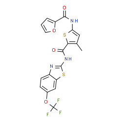 ChemSpider 2D Image | N-(4-Methyl-5-{[6-(trifluoromethoxy)-1,3-benzothiazol-2-yl]carbamoyl}-2-thienyl)-2-furamide | C19H12F3N3O4S2