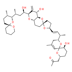 ChemSpider 2D Image | 1-[(2R,5S,6S,8R)-5-Hydroxy-8-{(2S,3E)-4-[(2S,4a'S,5S,6'R,8'S,8a'R)-8'-hydroxy-6'-{(1R,3R)-1-hydroxy-3-[(2R,3S,6R)-3-methyl-1,7-dioxaspiro[5.5]undec-2-yl]butyl}-7'-methyleneoctahydro-3H,3'H-spiro[furan
-2,2'-pyrano[3,2-b]pyran]-5-yl]-3-buten-2-yl}-10-methyl-1,7-dioxaspiro[5.5]undec-10-en-2-yl]acetone | C43H66O11