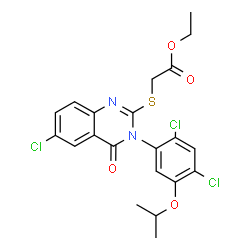 ChemSpider 2D Image | Ethyl {[6-chloro-3-(2,4-dichloro-5-isopropoxyphenyl)-4-oxo-3,4-dihydro-2-quinazolinyl]sulfanyl}acetate | C21H19Cl3N2O4S