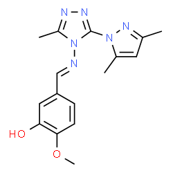 ChemSpider 2D Image | 5-[(E)-{[3-(3,5-Dimethyl-1H-pyrazol-1-yl)-5-methyl-4H-1,2,4-triazol-4-yl]imino}methyl]-2-methoxyphenol | C16H18N6O2