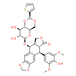 ChemSpider 2D Image | (5S,5aR,8aR,9S)-9-(4-Hydroxy-3,5-dimethoxyphenyl)-8-oxo-5,5a,6,8,8a,9-hexahydrofuro[3',4':6,7]naphtho[2,3-d][1,3]dioxol-5-yl 4,6-O-(2-thienylmethylene)-beta-D-glucopyranoside | C32H32O13S