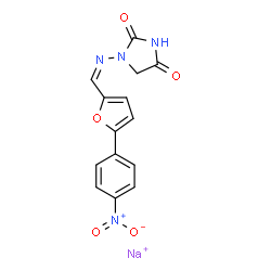 ChemSpider 2D Image | 2,4-Imidazolidinedione, 1-[[(1Z)-[5-(4-nitrophenyl)-2-furanyl]methylene]amino]-, sodium salt (1:1) | C14H10N4NaO5