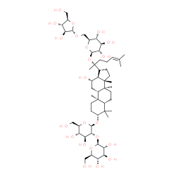 ChemSpider 2D Image | (3alpha,5beta,8alpha,9beta,10alpha,12alpha,13alpha,14beta,17alpha,20R)-20-{[6-O-(alpha-D-Arabinofuranosyl)-beta-L-glucopyranosyl]oxy}-12-hydroxydammar-24-en-3-yl 2-O-beta-D-glucopyranosyl-beta-D-gluco
pyranoside | C53H90O22
