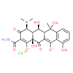 ChemSpider 2D Image | Calcium (4S,4aR,5S,5aR,6S,12aR)-2-carbamoyl-4-(dimethylamino)-5,6,10,12a-tetrahydroxy-6-methyl-3,12-dioxo-3,4,4a,5,5a,6,12,12a-octahydro-1,11-tetracenediolate | C22H22CaN2O9