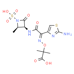 ChemSpider 2D Image | 2-({(E)-[1-(2-Amino-1,3-thiazol-4-yl)-2-{[(2R,3S)-2-methyl-4-oxo-1-sulfo-3-azetidinyl]amino}-2-oxoethylidene]amino}oxy)-2-methylpropanoic acid | C13H17N5O8S2