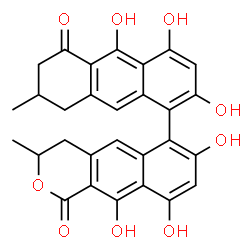 ChemSpider 2D Image | 7,9,10-Trihydroxy-3-methyl-6-(2,4,10-trihydroxy-7-methyl-5-oxo-5,6,7,8-tetrahydro-1-anthracenyl)-3,4-dihydro-1H-benzo[g]isochromen-1-one | C29H24O9