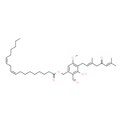 ChemSpider 2D Image | 4-[(2E)-3,7-Dimethyl-5-oxo-2,6-octadien-1-yl]-2-formyl-3-hydroxy-5-methoxybenzyl (9Z,12Z)-9,12-octadecadienoate | C37H54O6