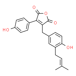 ChemSpider 2D Image | 3-[4-Hydroxy-3-(3-methyl-2-buten-1-yl)benzyl]-4-(4-hydroxyphenyl)-2,5-furandione | C22H20O5