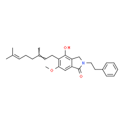 ChemSpider 2D Image | 5-[(2E)-3,7-Dimethyl-2,6-octadien-1-yl]-4-hydroxy-6-methoxy-2-(2-phenylethyl)-1-isoindolinone | C27H33NO3