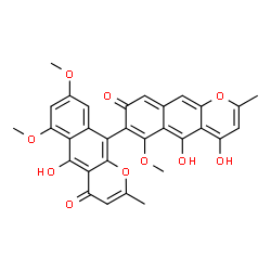 ChemSpider 2D Image | 4,5,5'-Trihydroxy-6,6',8'-trimethoxy-2,2'-dimethyl-4'H,8H-7,10'-bibenzo[g]chromene-4',8-dione | C31H24O10