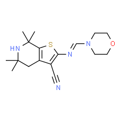ChemSpider 2D Image | 5,5,7,7-Tetramethyl-2-[(E)-(4-morpholinylmethylene)amino]-4,5,6,7-tetrahydrothieno[2,3-c]pyridine-3-carbonitrile | C17H24N4OS