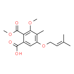 ChemSpider 2D Image | 3-Methoxy-2-(methoxycarbonyl)-4-methyl-5-[(3-methyl-2-buten-1-yl)oxy]benzoic acid | C16H20O6