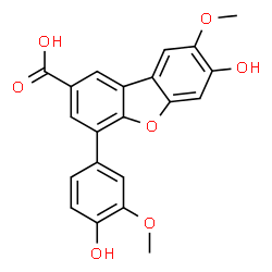 ChemSpider 2D Image | 7-Hydroxy-4-(4-hydroxy-3-methoxyphenyl)-8-methoxydibenzo[b,d]furan-2-carboxylic acid | C21H16O7