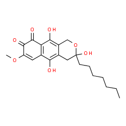 ChemSpider 2D Image | 3-Heptyl-3,5,10-trihydroxy-7-methoxy-3,4-dihydro-1H-benzo[g]isochromene-8,9-dione | C21H26O7