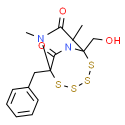 ChemSpider 2D Image | 1-Benzyl-6-(hydroxymethyl)-7,9-dimethyl-2,3,4,5-tetrathia-7,9-diazabicyclo[4.2.2]decane-8,10-dione | C14H16N2O3S4