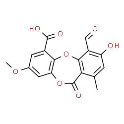 ChemSpider 2D Image | 4-Formyl-3-hydroxy-8-methoxy-1-methyl-11-oxo-11H-dibenzo[b,e][1,4]dioxepine-6-carboxylic acid | C17H12O8