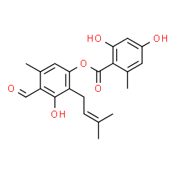 ChemSpider 2D Image | 4-Formyl-3-hydroxy-5-methyl-2-(3-methyl-2-buten-1-yl)phenyl 2,4-dihydroxy-6-methylbenzoate | C21H22O6