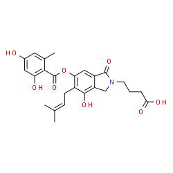 ChemSpider 2D Image | 4-{6-[(2,4-Dihydroxy-6-methylbenzoyl)oxy]-4-hydroxy-5-(3-methyl-2-buten-1-yl)-1-oxo-1,3-dihydro-2H-isoindol-2-yl}butanoic acid | C25H27NO8
