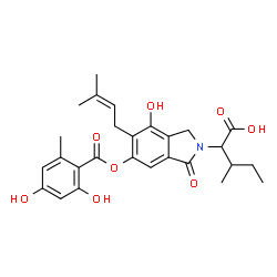 ChemSpider 2D Image | 2-{6-[(2,4-Dihydroxy-6-methylbenzoyl)oxy]-4-hydroxy-5-(3-methyl-2-buten-1-yl)-1-oxo-1,3-dihydro-2H-isoindol-2-yl}-3-methylpentanoic acid | C27H31NO8