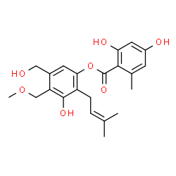 ChemSpider 2D Image | 3-Hydroxy-5-(hydroxymethyl)-4-(methoxymethyl)-2-(3-methyl-2-buten-1-yl)phenyl 2,4-dihydroxy-6-methylbenzoate | C22H26O7