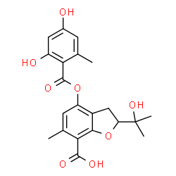 ChemSpider 2D Image | 4-[(2,4-Dihydroxy-6-methylbenzoyl)oxy]-2-(2-hydroxy-2-propanyl)-6-methyl-2,3-dihydro-1-benzofuran-7-carboxylic acid | C21H22O8