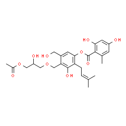 ChemSpider 2D Image | 4-[(3-Acetoxy-2-hydroxypropoxy)methyl]-3-hydroxy-5-(hydroxymethyl)-2-(3-methyl-2-buten-1-yl)phenyl 2,4-dihydroxy-6-methylbenzoate | C26H32O10