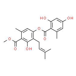 ChemSpider 2D Image | Methyl 4-[(2,4-dihydroxy-6-methylbenzoyl)oxy]-2-hydroxy-6-methyl-3-(3-methyl-2-buten-1-yl)benzoate | C22H24O7