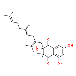 ChemSpider 2D Image | 3-Chloro-2,5,7-trihydroxy-2-[(4E)-2-isopropylidene-5,9-dimethyl-4,8-decadien-1-yl]-3-methyl-2,3-dihydro-1,4-naphthalenedione | C26H33ClO5