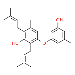 ChemSpider 2D Image | 3-(3-Hydroxy-5-methylphenoxy)-5-methyl-2,6-bis(3-methyl-2-buten-1-yl)phenol | C24H30O3