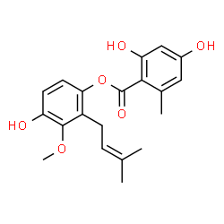 ChemSpider 2D Image | 4-Hydroxy-3-methoxy-2-(3-methyl-2-buten-1-yl)phenyl 2,4-dihydroxy-6-methylbenzoate | C20H22O6