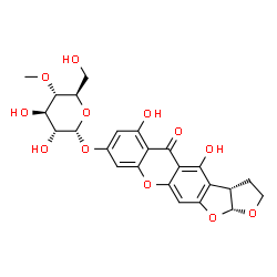 ChemSpider 2D Image | (3aS,12aR)-4,6-Dihydroxy-5-oxo-2,3,3a,12a-tetrahydro-5H-furo[3',2':4,5]furo[3,2-b]xanthen-8-yl 4-O-methyl-alpha-D-glucopyranoside | C24H24O12
