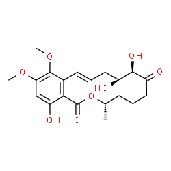 ChemSpider 2D Image | (3S,8R,9S,11E)-8,9,16-Trihydroxy-13,14-dimethoxy-3-methyl-3,4,5,6,9,10-hexahydro-1H-2-benzoxacyclotetradecine-1,7(8H)-dione | C20H26O8