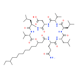 ChemSpider 2D Image | [(3S,6R,9S,12S,15R,18S,21S)-21-(3-Amino-3-oxopropyl)-6,15,18-triisobutyl-3,12-diisopropyl-25-(9-methylundecyl)-2,5,8,11,14,17,20,23-octaoxo-1-oxa-4,7,10,13,16,19,22-heptaazacyclopentacosan-9-yl]acetic
 acid | C52H92N8O12