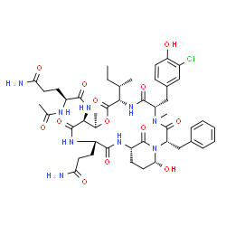 ChemSpider 2D Image | N~2~-Acetyl-N~1~-[(2S,5S,8S,11R,12S,15S,18S,21R)-15-(3-amino-3-oxopropyl)-2-benzyl-8-[(2S)-2-butanyl]-5-(3-chloro-4-hydroxybenzyl)-21-hydroxy-4,11-dimethyl-3,6,9,13,16,22-hexaoxo-10-oxa-1,4,7,14,17-pe
ntaazabicyclo[16.3.1]docos-12-yl]-L-glutamamide | C46H62ClN9O13