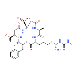 ChemSpider 2D Image | (2S,5R,8R,11R,15S)-5-{3-[(E)-{Amino[(methylcarbamoyl)amino]methylene}amino]propyl}-8-benzyl-2,7-dimethyl-3,6,9,13,17-pentaoxo-1,4,7,10,14-pentaazacycloheptadecane-11,15-dicarboxylic acid | C29H41N9O10