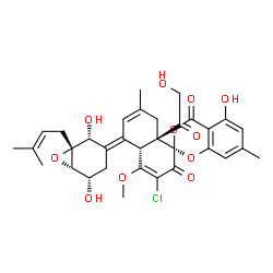 ChemSpider 2D Image | (2R,4a'R,5'E,8a'S)-3'-Chloro-5'-[(1R,2R,5S,6S)-2,5-dihydroxy-1-(3-methyl-2-buten-1-yl)-7-oxabicyclo[4.1.0]hept-3-ylidene]-8a'-glycoloyl-5-hydroxy-4'-methoxy-7,7'-dimethyl-4a',5',8',8a'-tetrahydro-2'H,
4H-spiro[1,3-benzodioxine-2,1'-naphthalene]-2',4-dione | C33H35ClO11