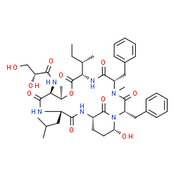 ChemSpider 2D Image | (2R)-N-{(2S,5S,8S,11R,12S,15S,18S,21R)-2,5-Dibenzyl-8-[(2S)-2-butanyl]-21-hydroxy-15-isobutyl-4,11-dimethyl-3,6,9,13,16,22-hexaoxo-10-oxa-1,4,7,14,17-pentaazabicyclo[16.3.1]docos-12-yl}-2,3-dihydroxyp
ropanamide | C43H60N6O11