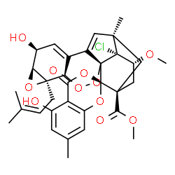 ChemSpider 2D Image | Methyl (1'S,2R,4'R,5'S,7'S,8'S,13'R,15'S,17'R,18'R)-18'-chloro-5,8'-dihydroxy-17'-methoxy-7,13'-dimethyl-5'-(3-methyl-2-buten-1-yl)-4-oxo-4H,15'H-spiro[1,3-benzodioxine-2,19'-[2,3,6]trioxahexacyclo[13
.3.1.0~1,11~.0~4,10~.0~5,7~.0~13,18~]nonadeca[9,11]diene]-15'-carboxylate | C33H35ClO11