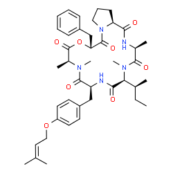 ChemSpider 2D Image | (3S,6S,9S,12S,15R,20aS)-15-Benzyl-6-[(2S)-2-butanyl]-3,5,11,12-tetramethyl-9-{4-[(3-methyl-2-buten-1-yl)oxy]benzyl}dodecahydro-1H-pyrrolo[1,2-d][1,4,7,10,13,16]oxapentaazacyclooctadecine-1,4,7,10,13,1
6(15H)-hexone | C42H57N5O8