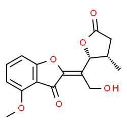 ChemSpider 2D Image | (2Z)-2-{2-Hydroxy-1-[(2R,3S)-3-methyl-5-oxotetrahydro-2-furanyl]ethylidene}-4-methoxy-1-benzofuran-3(2H)-one | C16H16O6