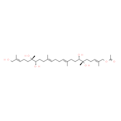 ChemSpider 2D Image | (2E,6S,7S,10E,14E,18S,19S,22E)-6,7,18,19,24-Pentahydroxy-2,6,10,15,19,23-hexamethyl-2,10,14,22-tetracosatetraen-1-yl acetate | C32H56O7