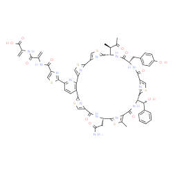 ChemSpider 2D Image | 2-({2-[({2-[(18S,25S,32S,35S)-18-(2-Amino-2-oxoethyl)-32-(4-hydroxybenzyl)-25-[(R)-hydroxy(phenyl)methyl]-21-methyl-16,23,30,33-tetraoxo-35-[(2R)-3-oxo-2-butanyl]-3,13,20,27,37-pentathia-7,17,24,31,34
,39,40,41,42,43-decaazaheptacyclo[34.2.1.1~2,5~.1~12,15~.1~19,22~.1~26,29~.0~6,11~]tritetraconta-1(38),2(43),4,6,8,10,12(42),14,19(41),21,26(40),28,36(39)-tridecaen-8-yl]-1,3-thiazol-4-yl}carbonyl)ami
no]acryloyl}amino)acrylic acid | C59H50N14O12S6