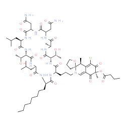 ChemSpider 2D Image | (2S,4'S,7'S)-2'-(3-{(2R,5S,8S,17R,20S,23R,26R)-11,14-Bis(2-amino-2-oxoethyl)-5,20-bis[(1R)-1-hydroxyethyl]-17,23-diisobutyl-8-methyl-26-octyl-3,6,9,12,15,18,21,24,27-nonaoxo-1,4,7,10,13,16,19,22,25-no
naazacycloheptacosan-2-yl}propyl)-5'-chloro-4',7'-dimethyl-6',8'-dioxo-4,4',5,6',7',8'-hexahydro-2'H,3H-spiro[furan-2,3'-isoquinolin]-7'-yl butanoate | C64H101ClN12O18