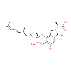 ChemSpider 2D Image | (2S)-2-[(2S,3S)-2-[(3E)-4,8-Dimethyl-3,7-nonadien-1-yl]-3,5-dihydroxy-2-methyl-7-oxo-3,4,7,9-tetrahydropyrano[2,3-e]isoindol-8(2H)-yl]propanoic acid | C26H35NO6