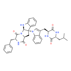 ChemSpider 2D Image | (3R,5aR,10bS,11aS)-3-Benzyl-10b-(3-{[(2S,5R)-5-isobutyl-3,6-dioxo-2-piperazinyl]methyl}-1H-indol-1-yl)-6,10b,11,11a-tetrahydro-2H-pyrazino[1',2':1,5]pyrrolo[2,3-b]indole-1,4(3H,5aH)-dione | C37H38N6O4