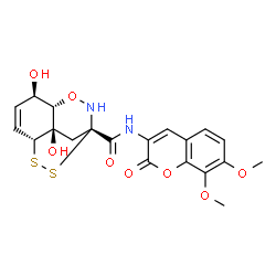 ChemSpider 2D Image | (4S,5R,8R,9R)-N-(7,8-Dimethoxy-2-oxo-2H-chromen-3-yl)-5,9-dihydroxy-3-oxa-11,12-dithia-2-azatricyclo[6.2.2.0~4,9~]dodec-6-ene-1-carboxamide | C20H20N2O8S2
