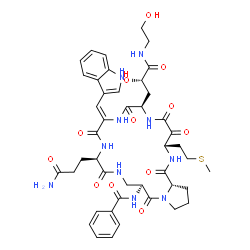 ChemSpider 2D Image | N-{(3S,7R,10Z,13R,17S,22aS)-13-(3-Amino-3-oxopropyl)-7-{(2S)-2-hydroxy-3-[(2-hydroxyethyl)amino]-3-oxopropyl}-10-(1H-indol-3-ylmethylene)-3-[2-(methylsulfanyl)ethyl]-1,4,5,8,11,14,18-heptaoxodocosahyd
ropyrrolo[1,2-n][1,4,7,10,14,17]hexaazacycloicosin-17-yl}benzamide | C44H54N10O12S
