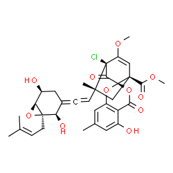 ChemSpider 2D Image | Methyl (1'R,2R,4'S,8'R)-4'-chloro-8'-{2-[(1R,2R,5S,6S)-2,5-dihydroxy-1-(3-methyl-2-buten-1-yl)-7-oxabicyclo[4.1.0]hept-3-ylidene]vinyl}-5-hydroxy-5'-methoxy-7,8'-dimethyl-3',4-dioxo-1'H,4H-spiro[1,3-b
enzodioxine-2,2'-bicyclo[2.2.2]oct[5]ene]-1'-carboxylate | C33H35ClO11