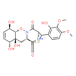 ChemSpider 2D Image | (1R,3S,4R,7R,8S,12S)-3,4,7-Trihydroxy-13-(2-hydroxy-3,4-dimethoxyphenyl)-9-oxa-14,15-dithia-10,17-diazatetracyclo[10.3.2.0~1,10~.0~3,8~]heptadec-5-ene-11,16-dione | C20H22N2O9S2